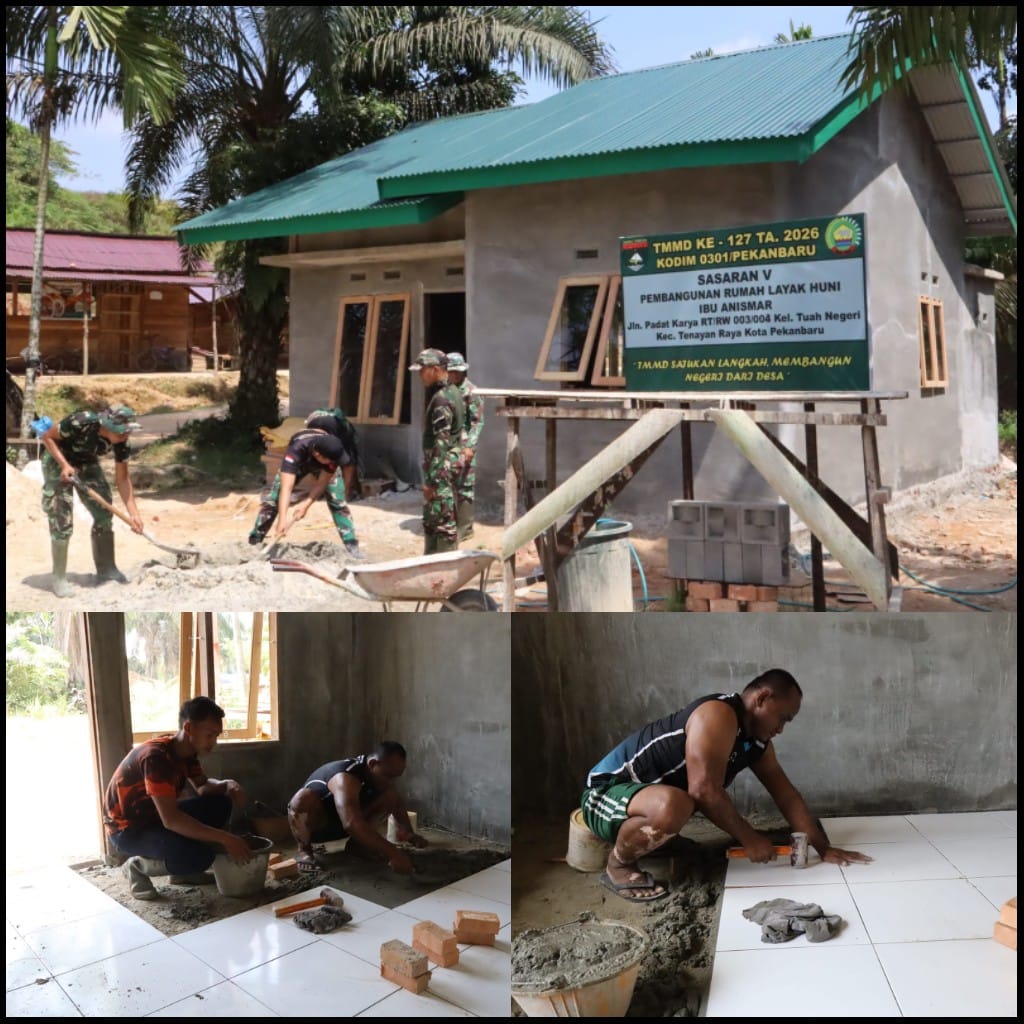 TMMD ke-127 Kodim 0301/Pekanbaru Pasang Keramik RTLH Anismar, Progres Capai 85 Persen