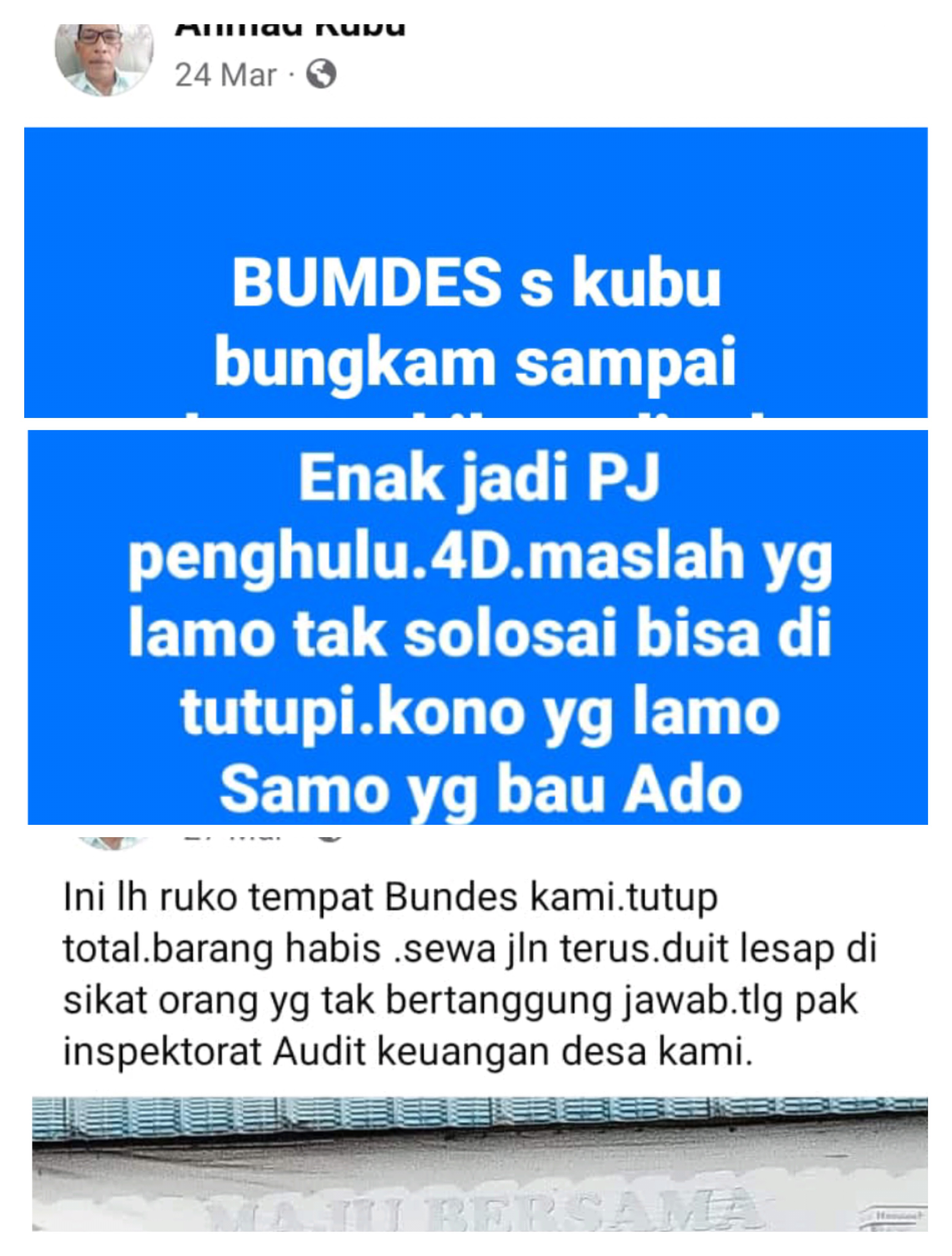 Ada Apa ! Seorang Warga Minta Inspektorat Rohil Audit Keuangan BUMDES Kubu 