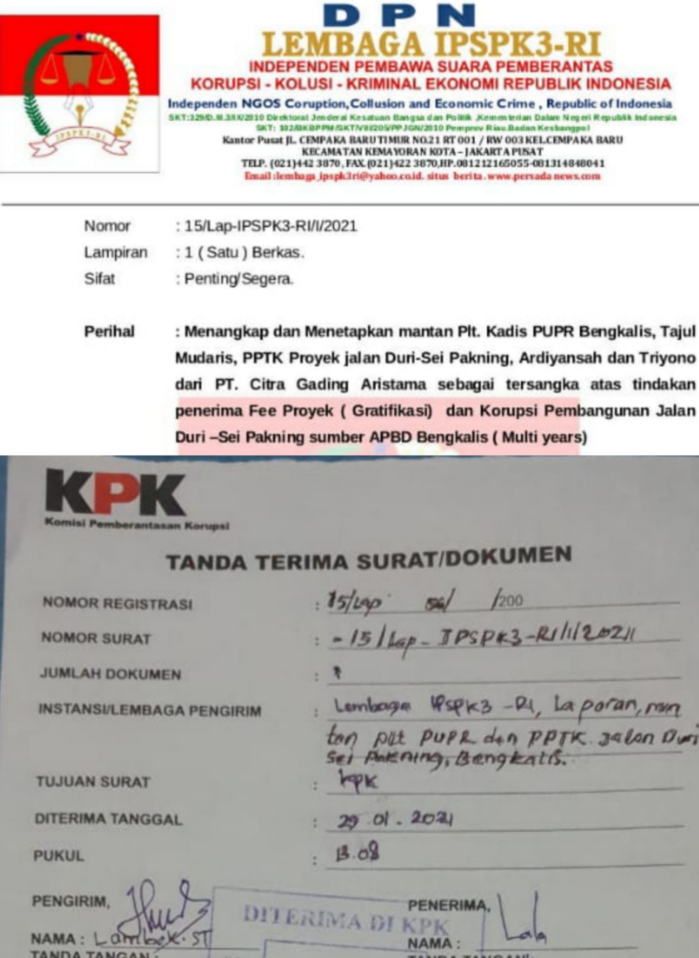 Terkait Kasus Korupsi Proyek Jalan Duri -Sei Pakning, IPSPK3-RI Desak KPK Tetapkan Tersangka Lain
